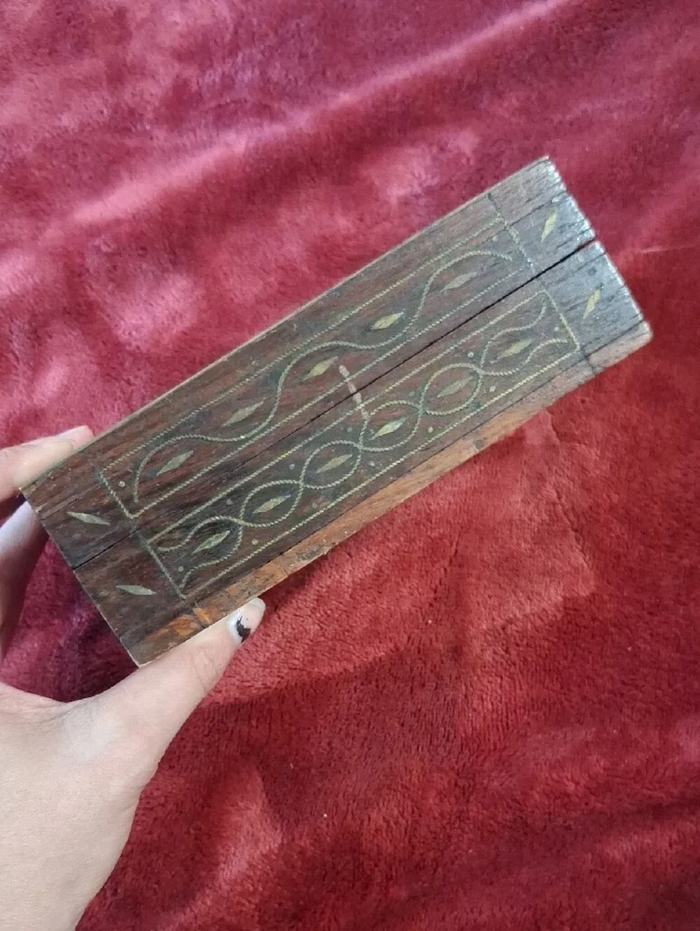 Vintage Hand-Carved Wooden Jewelry Box in Brown with Gold Trim And Brass Inlays